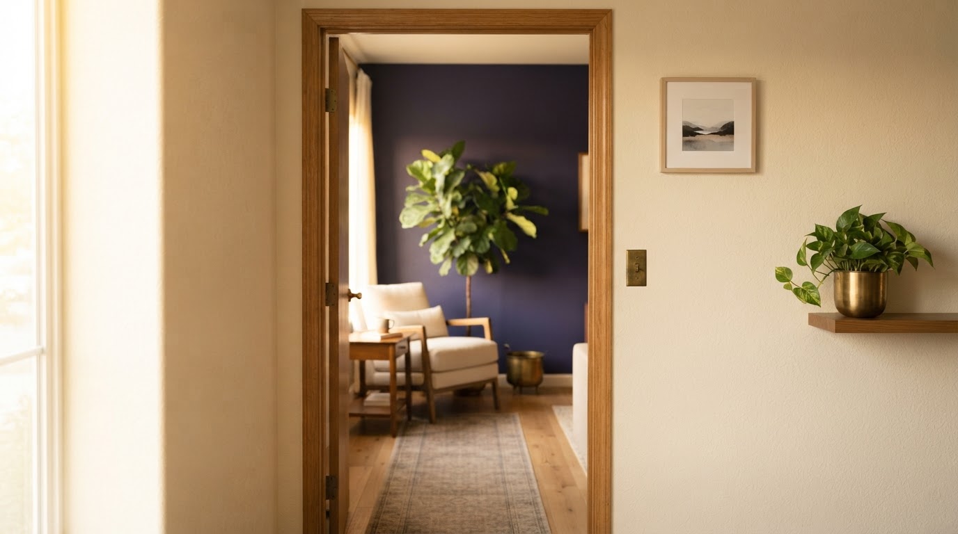 A peaceful therapy office doorway with soft natural window light, warm cream walls and a deep indigo accent wall visible through the doorway