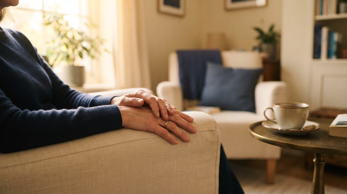 A peaceful therapy room detail with hands resting calmly on a soft cream linen armrest, warm indigo and gold tones, soft natural window light, a cup of tea on a brass side table softly blurred in the background