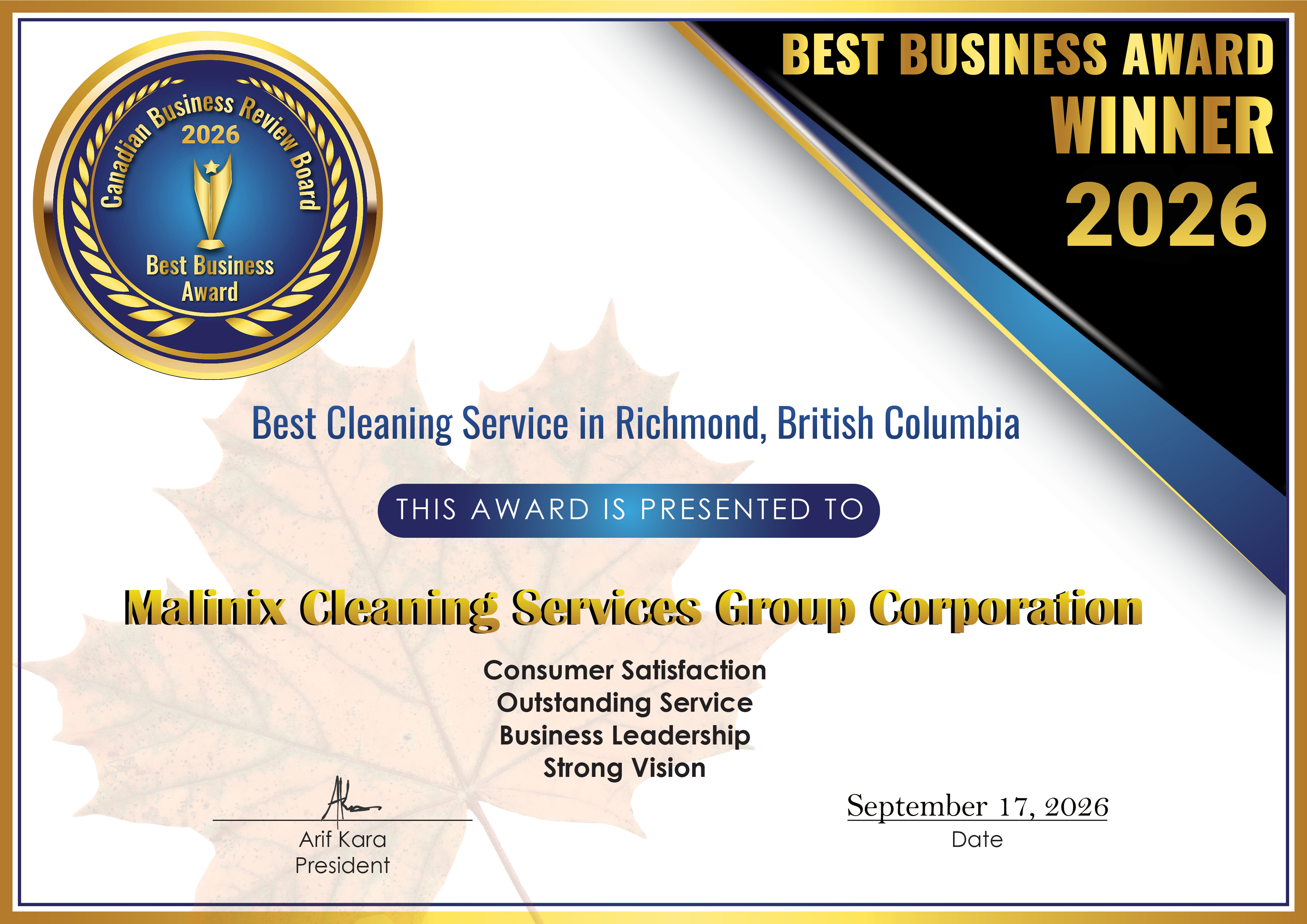 CBRB Canadian Business Review Board 2026 Best Business Award Winner - Best Cleaning Service in Richmond, British Columbia