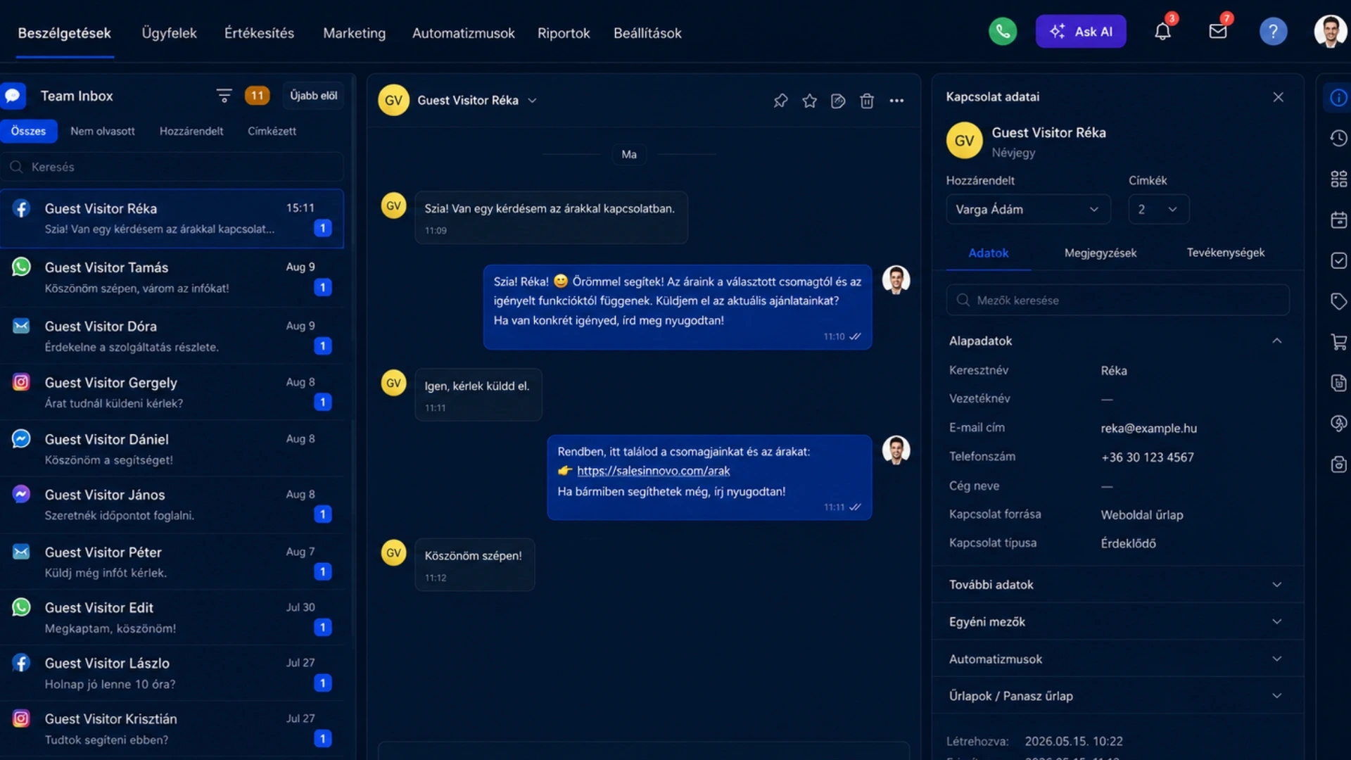 Sales Innovo automatizált üzleti folyamatok és CRM felület — értékesítési automatizáció