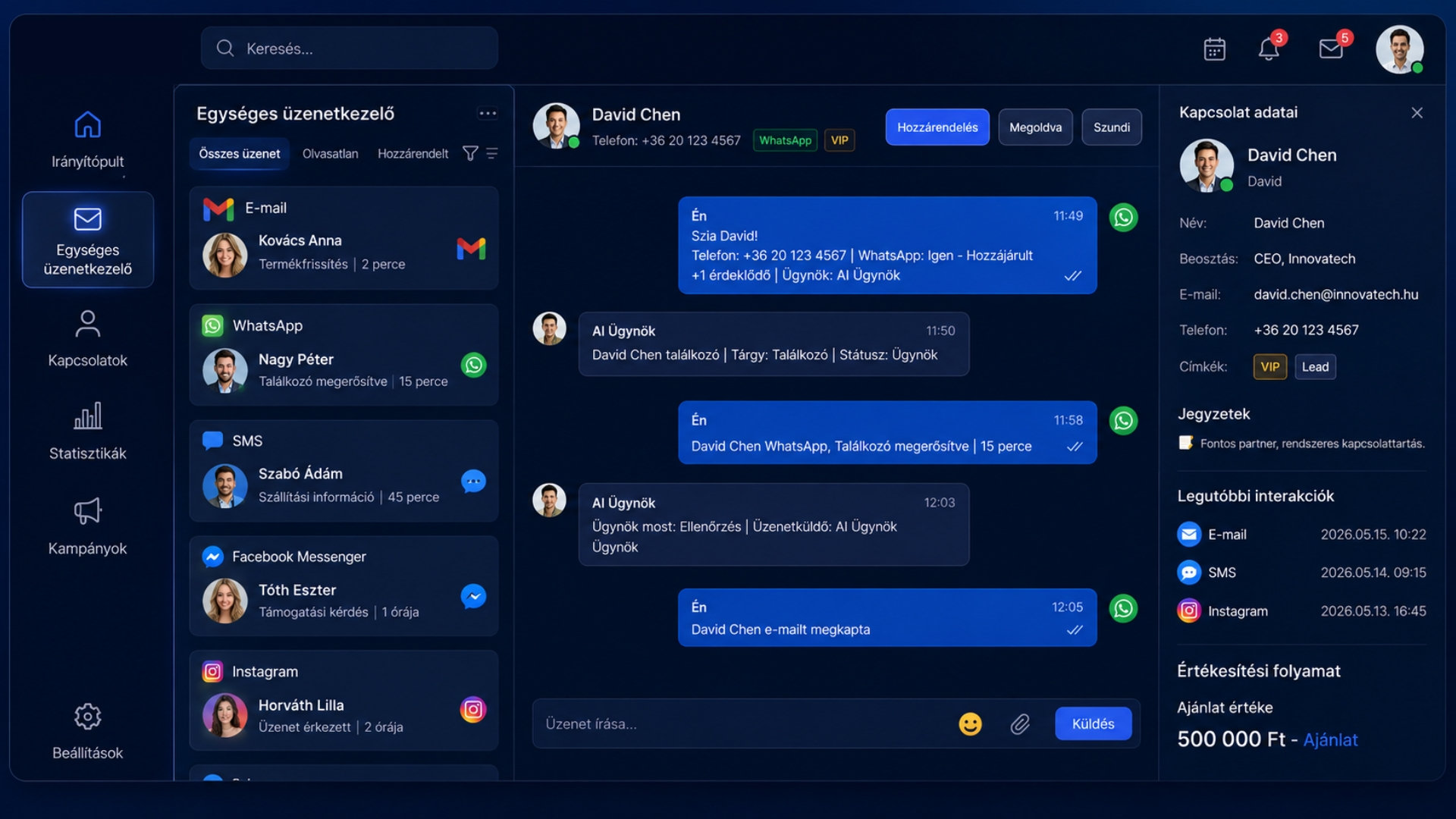 Sales Innovo CRM ügyfélkezelő és ügyfélkommunikációs felület — omnichannel CRM rendszer