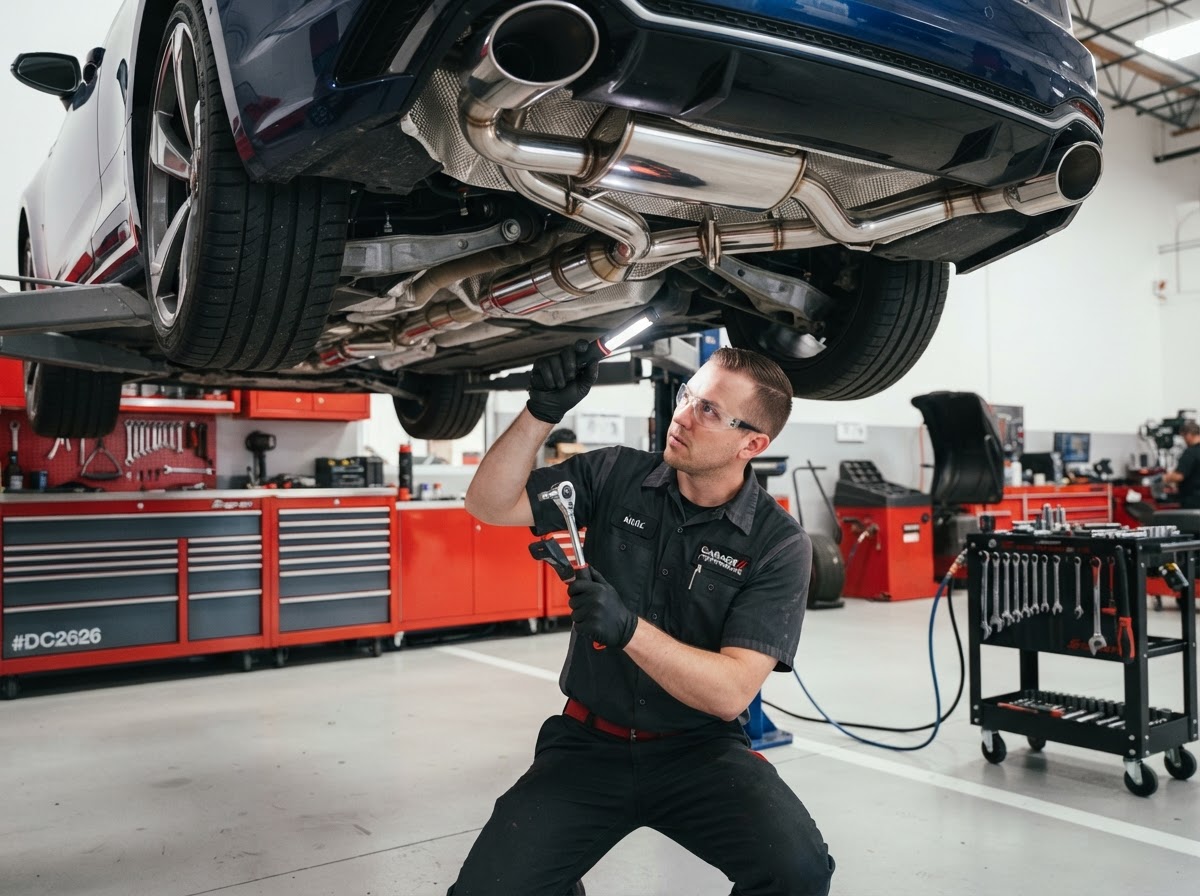 Professional mechanic performing exhaust system repair on a vehicle in Yuma, Arizona