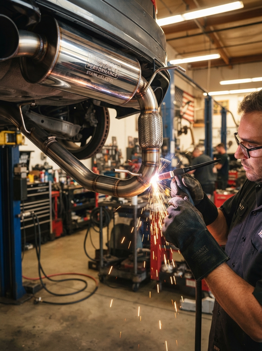 High-performance stainless steel exhaust system with polished chrome muffler and pipes