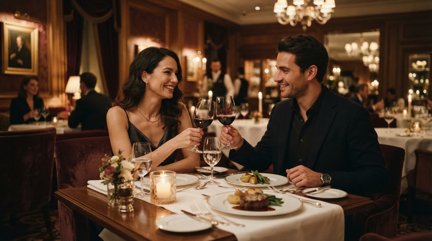 Luxury European fine dining restaurant with candlelight and elegant table setup