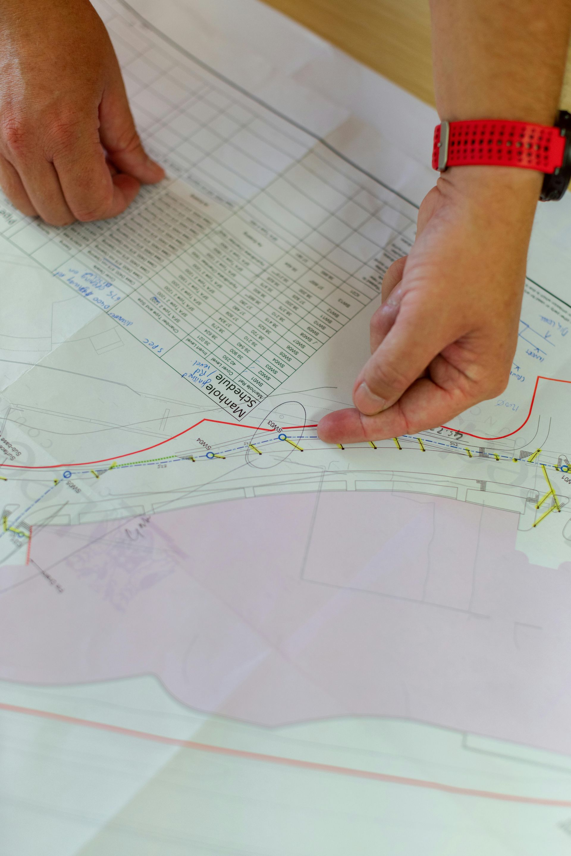 Civil engineer examining blueprint on site