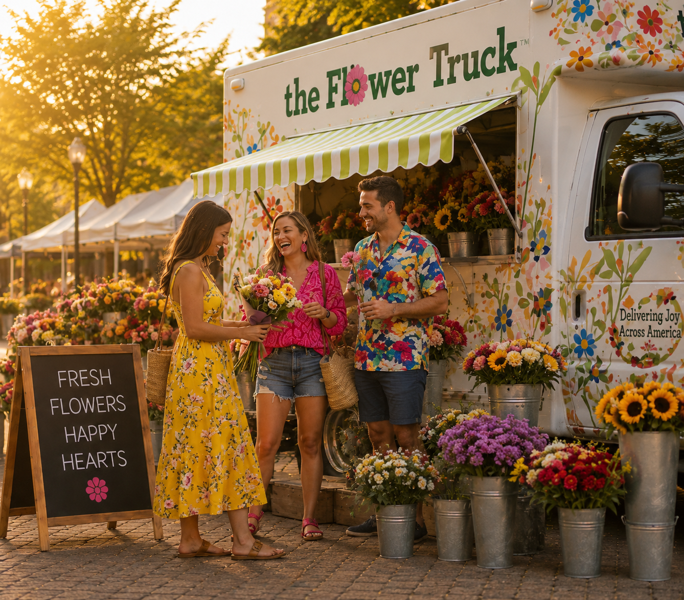 The Flower Truck bouquet bar under green awning with vibrant team and customers