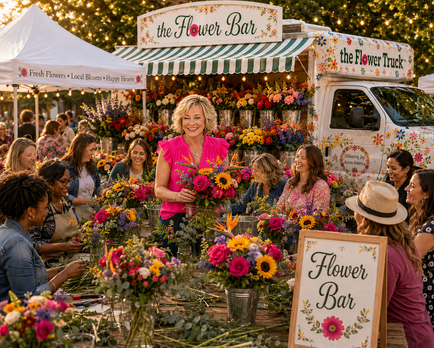 Shirley Braune with community at The Flower Truck flower bar market event