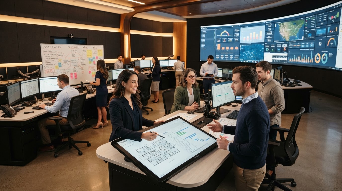 Team of professionals collaborating in a modern control room environment