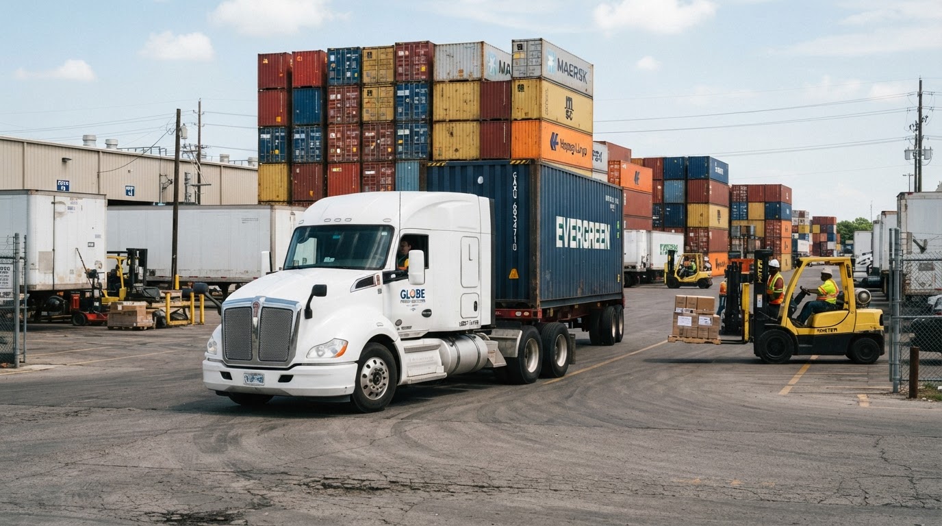 Large logistics truck at an industrial freight facility with shipping containers