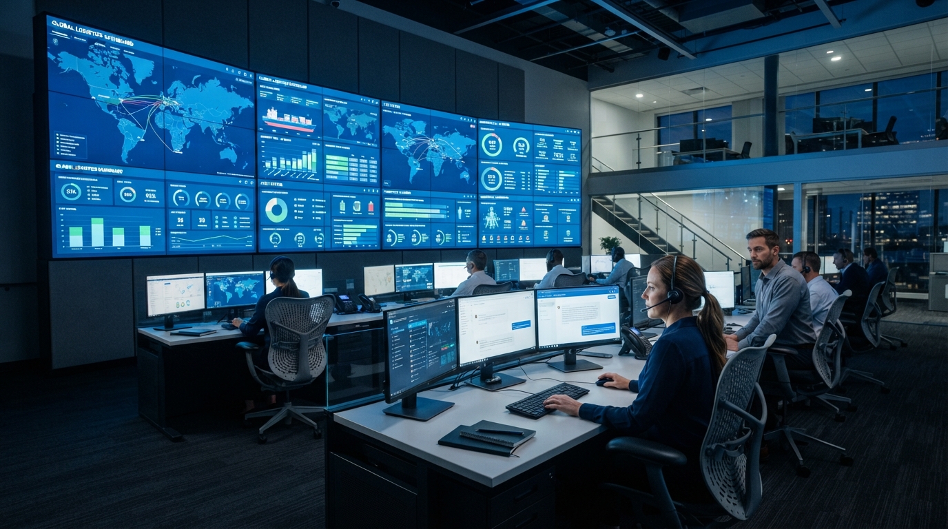 Operations control room with multiple monitoring screens showing logistics and workplace management systems