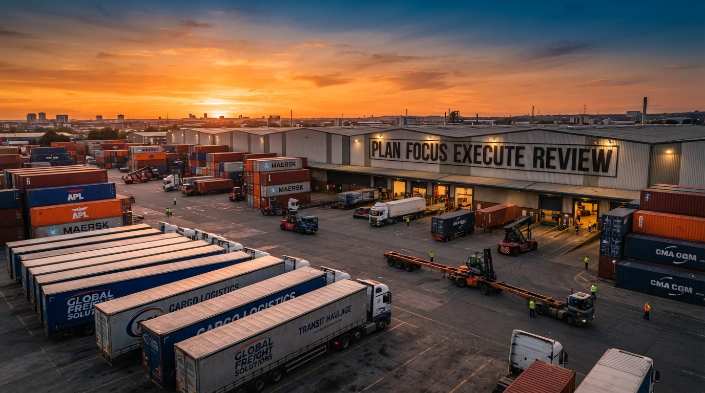 Logistics yard at sunset with freight trucks and signage showing Plan, Focus, Execute, Review methodology