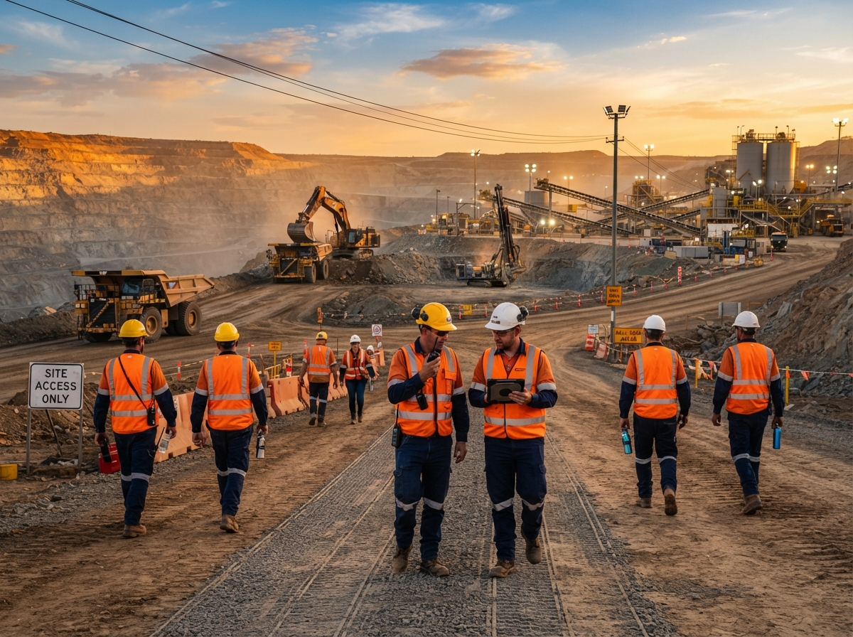 Worker in high-visibility safety gear at a mining site overlooking industrial operations