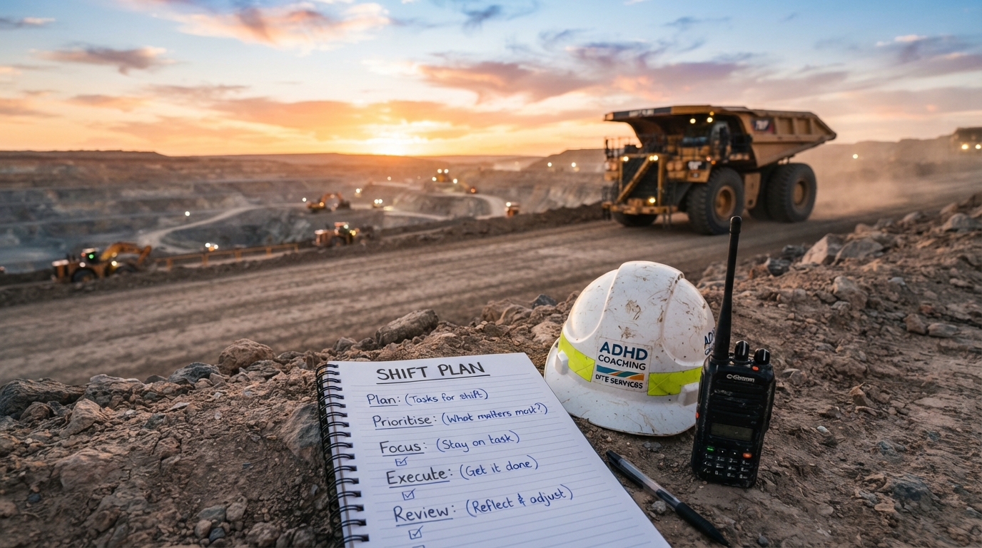 Mining site at sunset with heavy haul truck and planning notebook showing shift plan structure