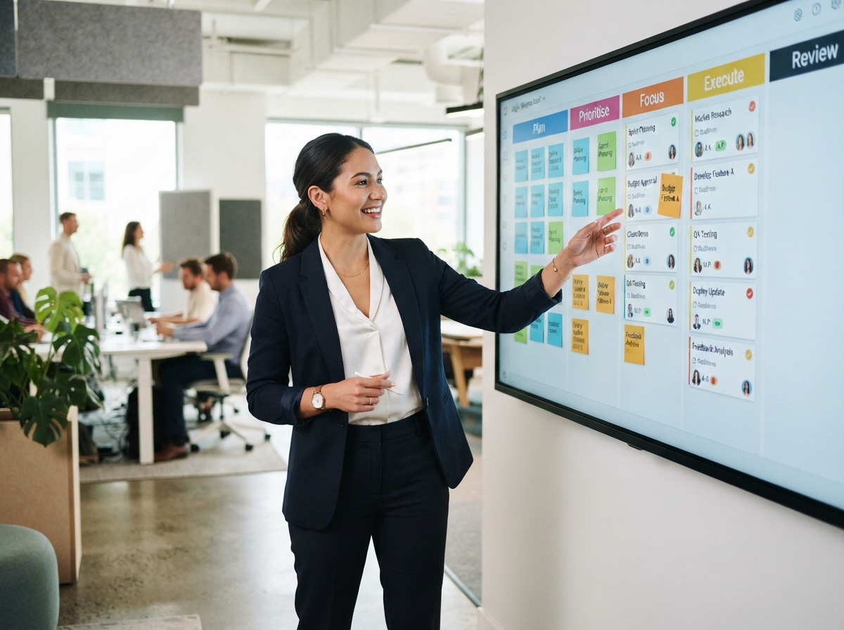 Woman standing in front of digital planning screen showing task board with Plan, Prioritise, Focus, Execute, Review columns