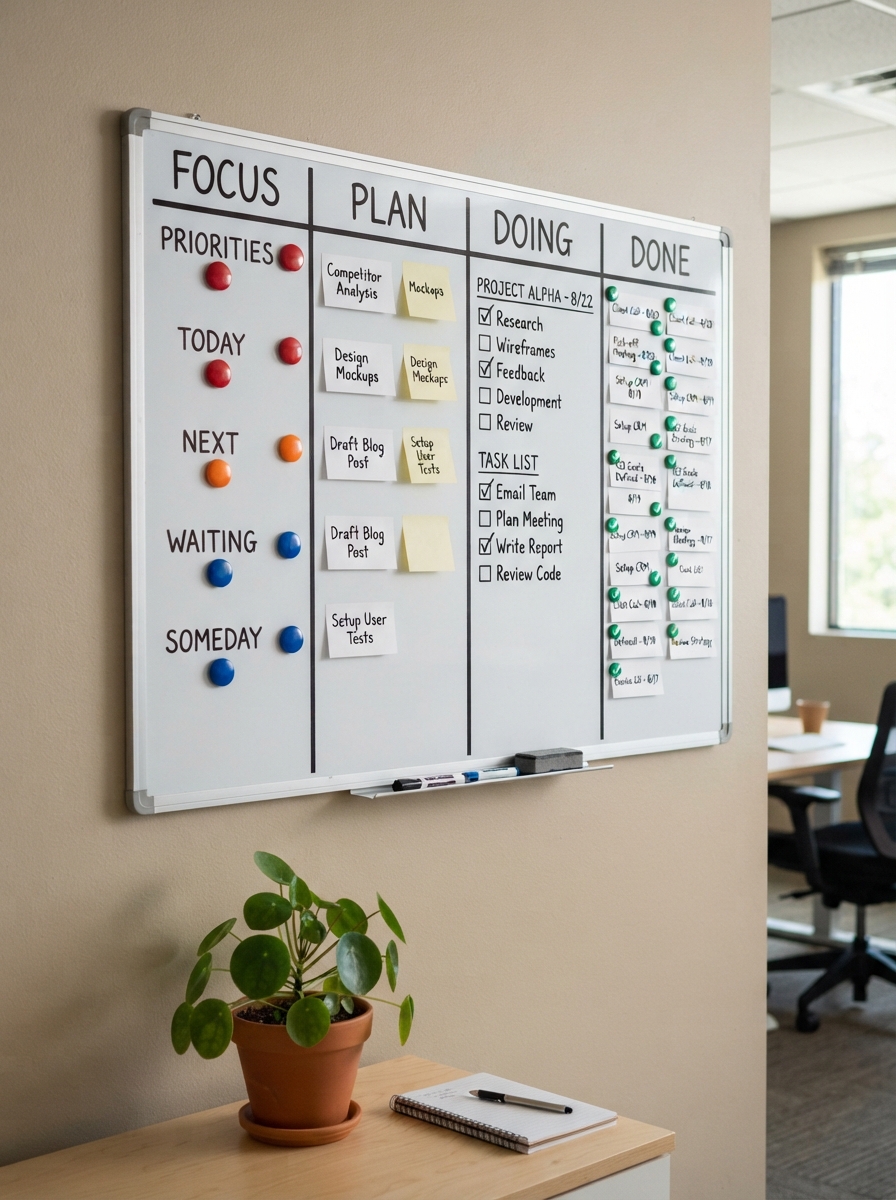 Kanban-style task board showing Focus, Plan, Doing and Done columns with color-coded priority cards