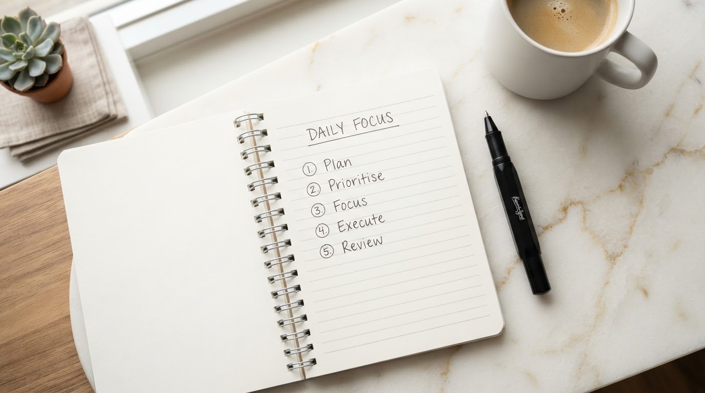 Spiral bound notebook with Plan, Prioritise, Focus, Execute, Review step checklist on a clean desk workspace with a coffee cup