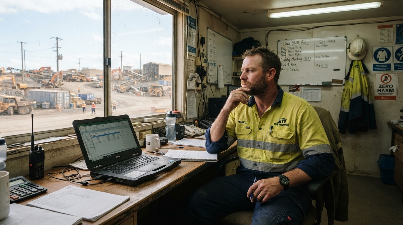 Man in high-visibility work shirt working at laptop in an industrial or logistics office environment