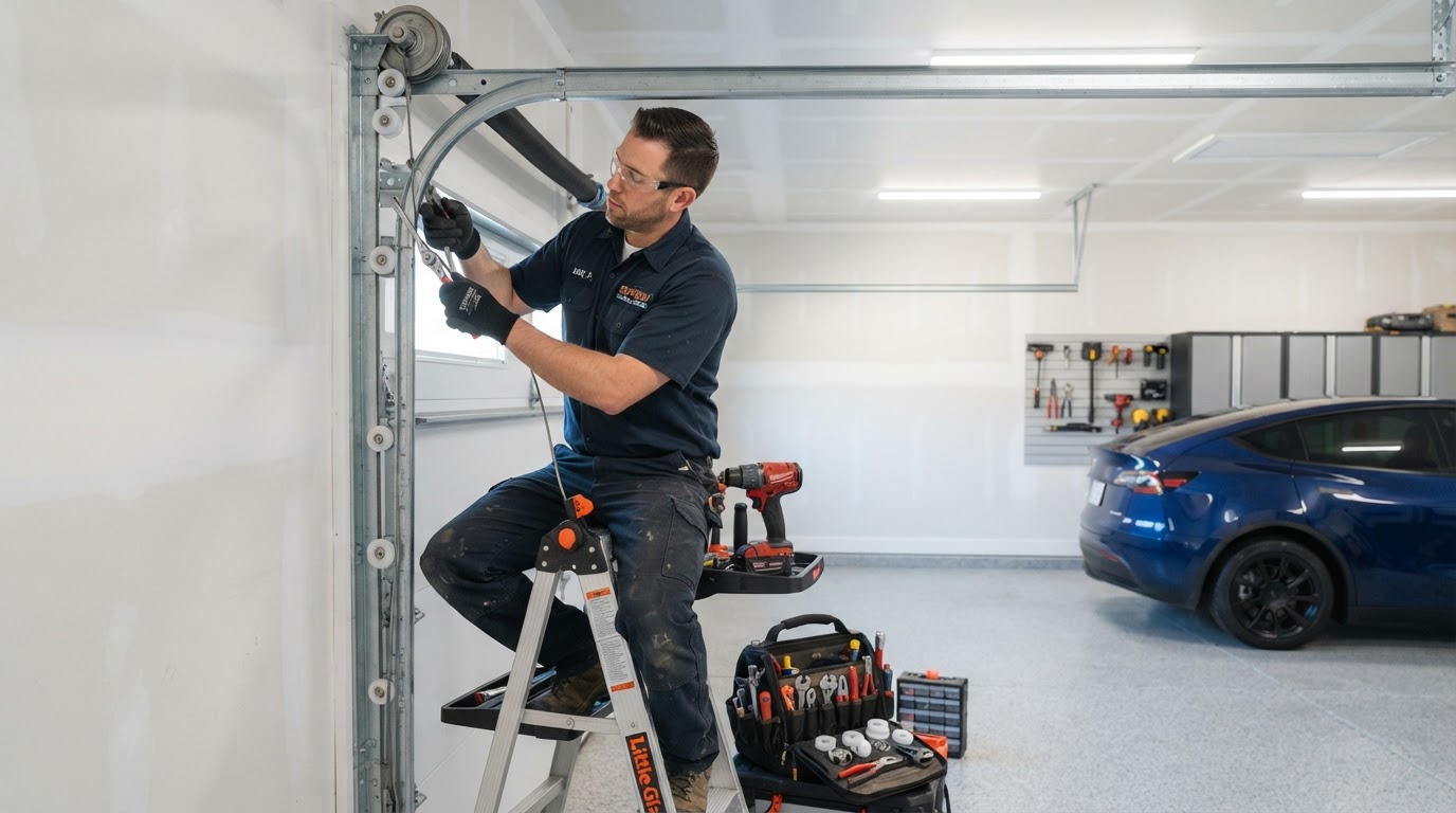 Garage door technician replacing cable and rollers on track in Covington LA