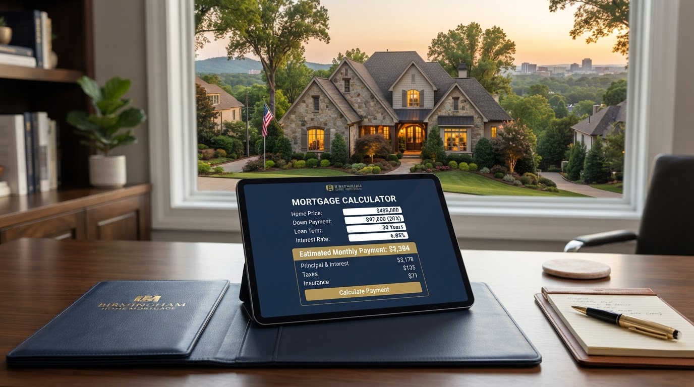 Mortgage calculator with a Birmingham home in the background