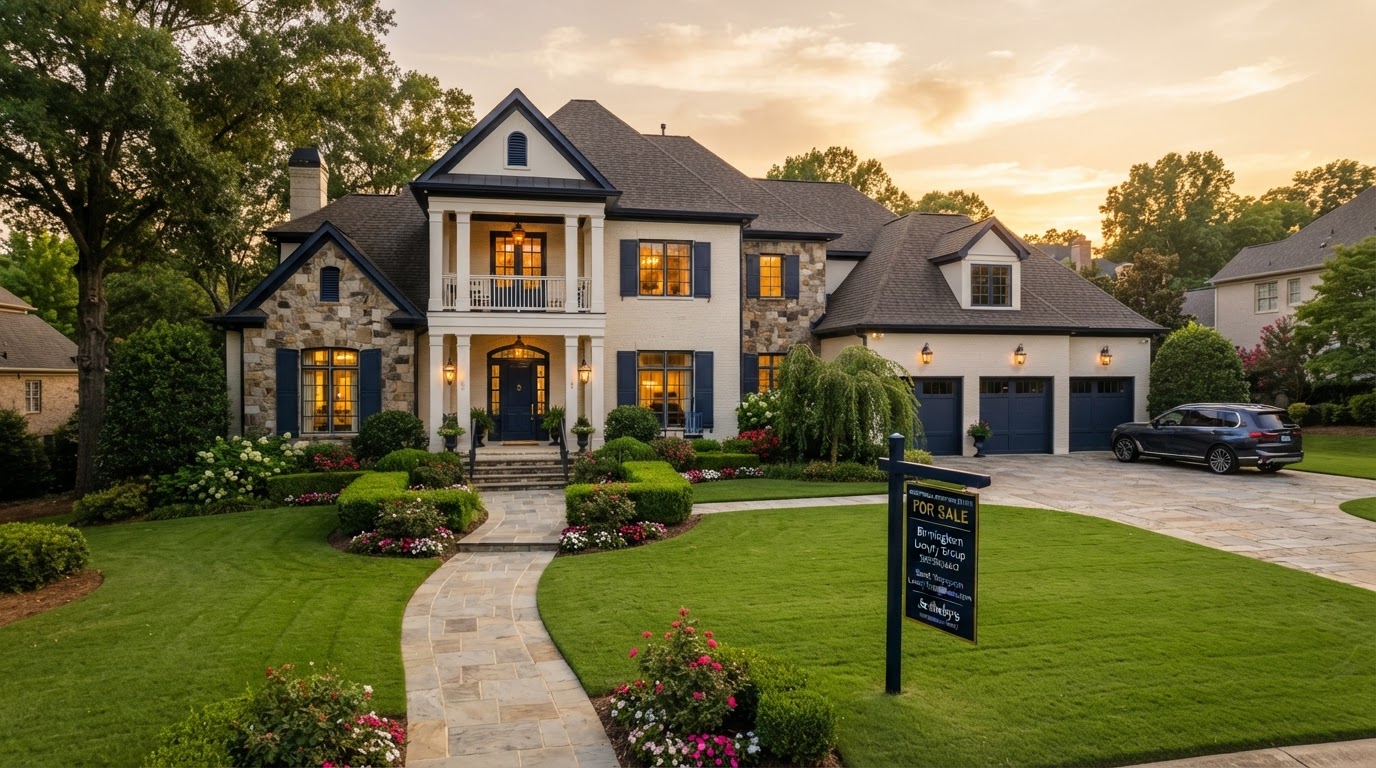 Elegant Birmingham home with a For Sale sign in the yard