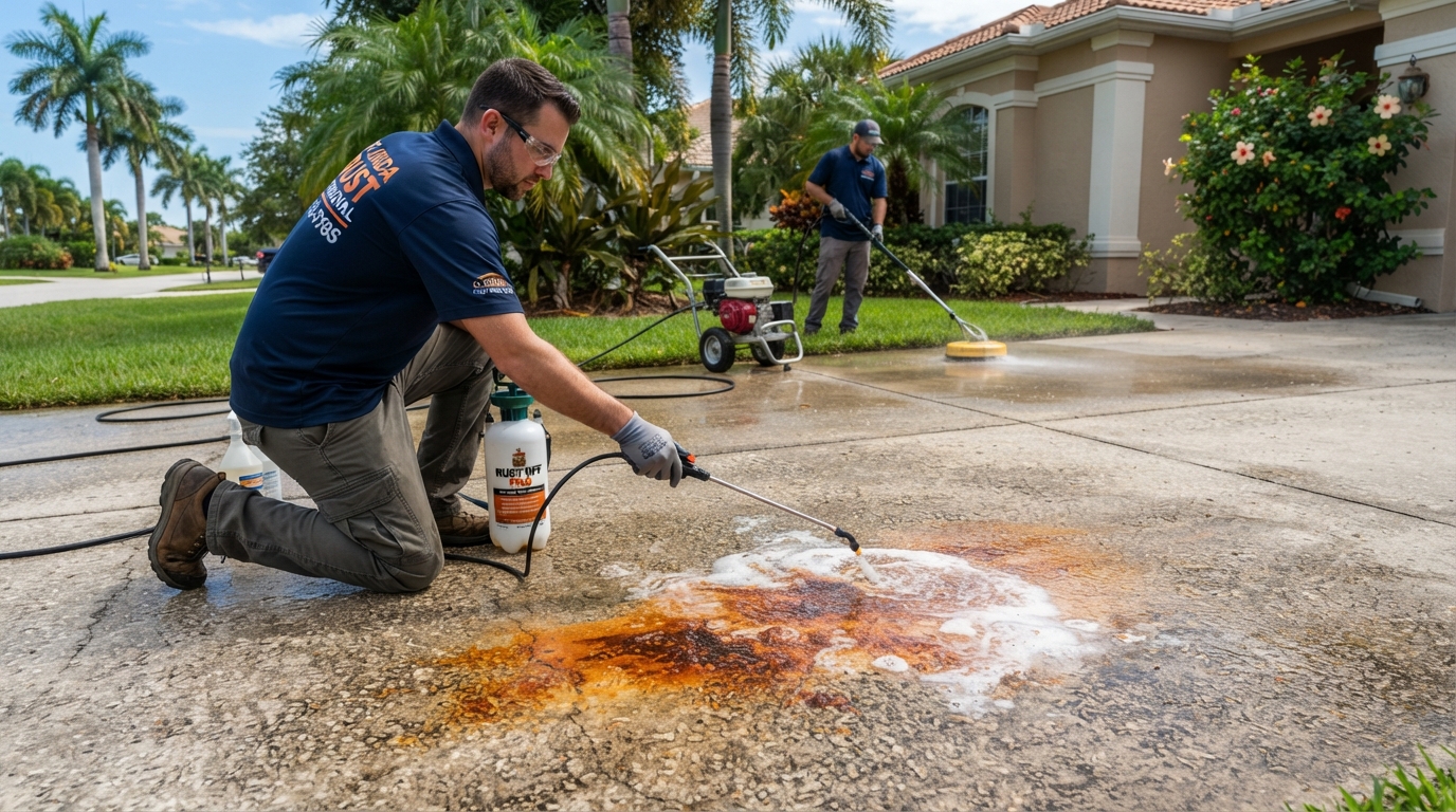 Rust & Battery Acid Stain Removal: Restoring Discolored Concrete & Brick — ProWash exterior cleaning guide for Tallahassee homeowners