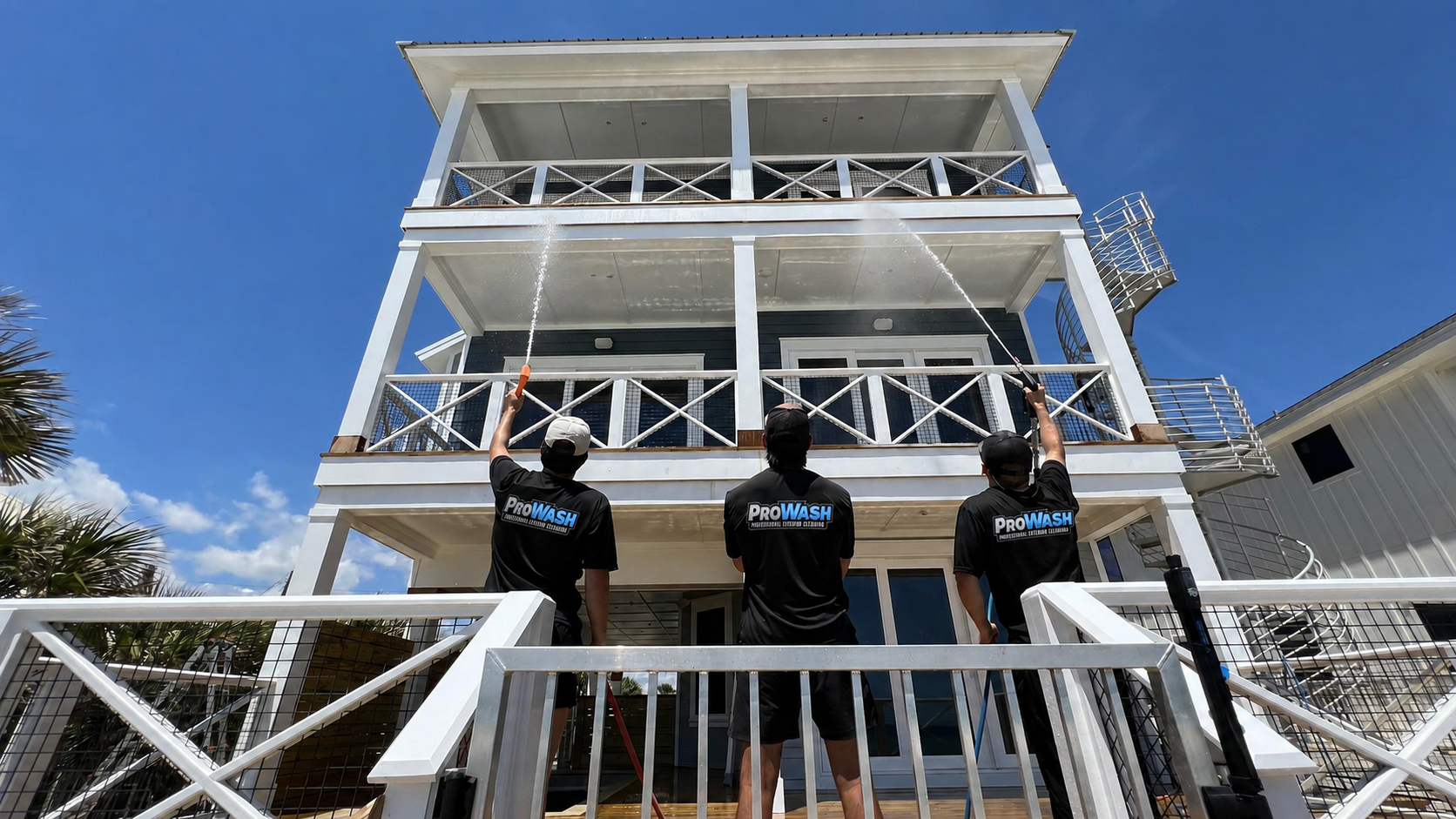 ProWash professional pressure washing team cleaning a multi-story home — Tallahassee exterior cleaning specialists in action