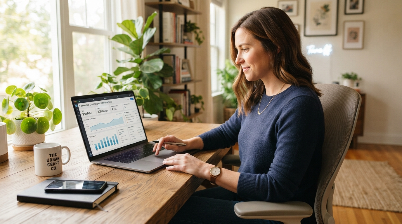A calm business owner reviewing an analytics dashboard on a laptop at a modern home office desk
