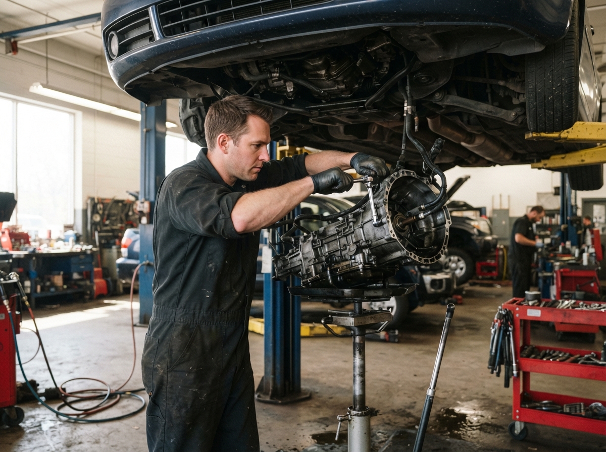 Build Right Transmission mechanic actively performing transmission repair on a vehicle lift in Houston shop