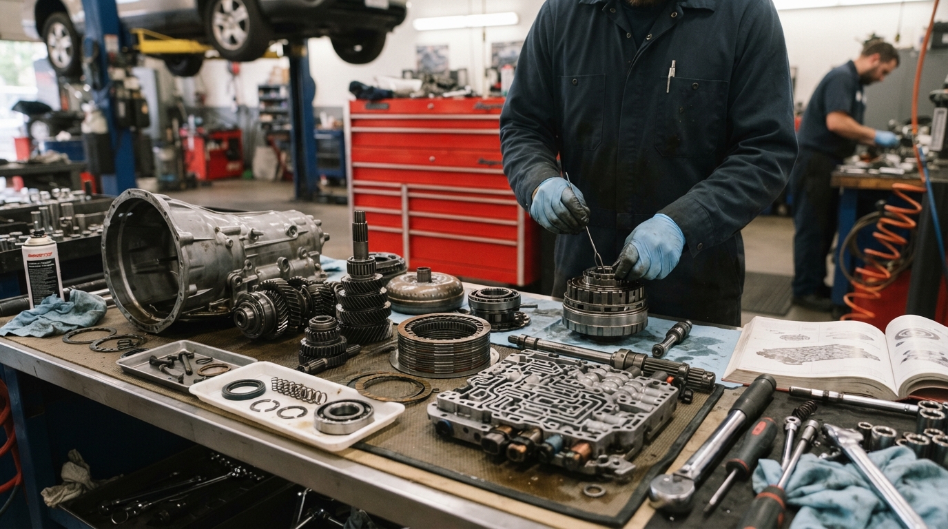 Disassembled transmission components being inspected and repaired at Build Right Transmission Houston