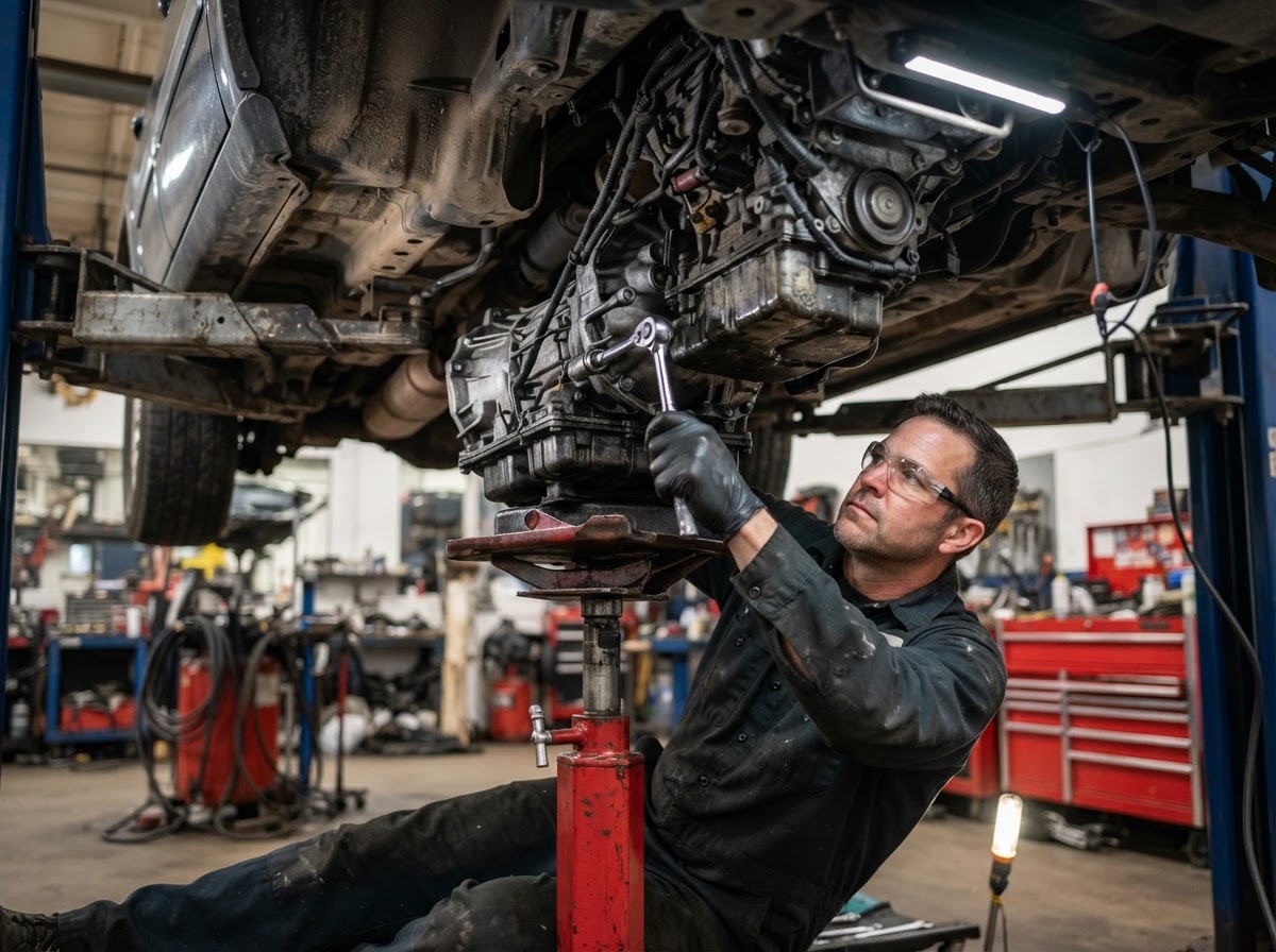 Mechanic performing active transmission repair at Build Right Transmission in Houston