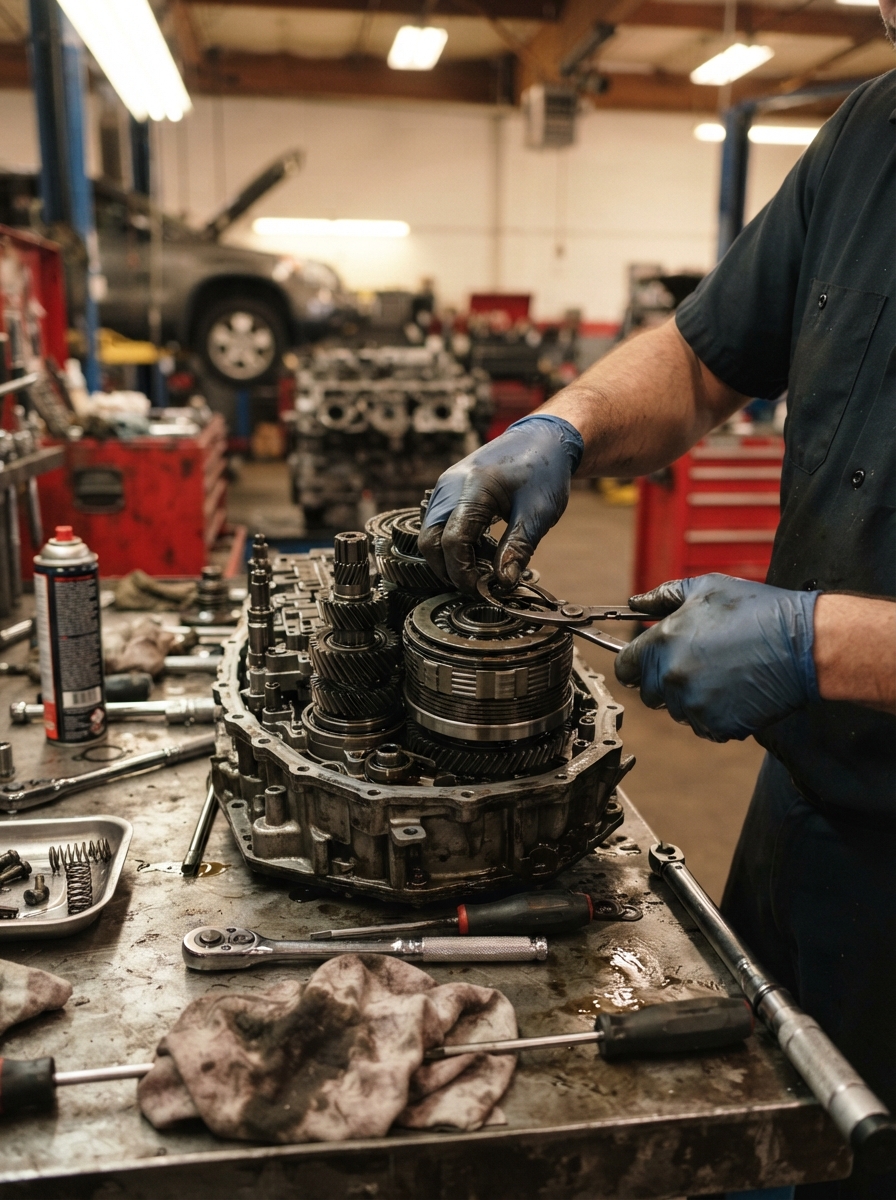 Build Right Transmission mechanic working on disassembled transmission components at workbench in Houston shop