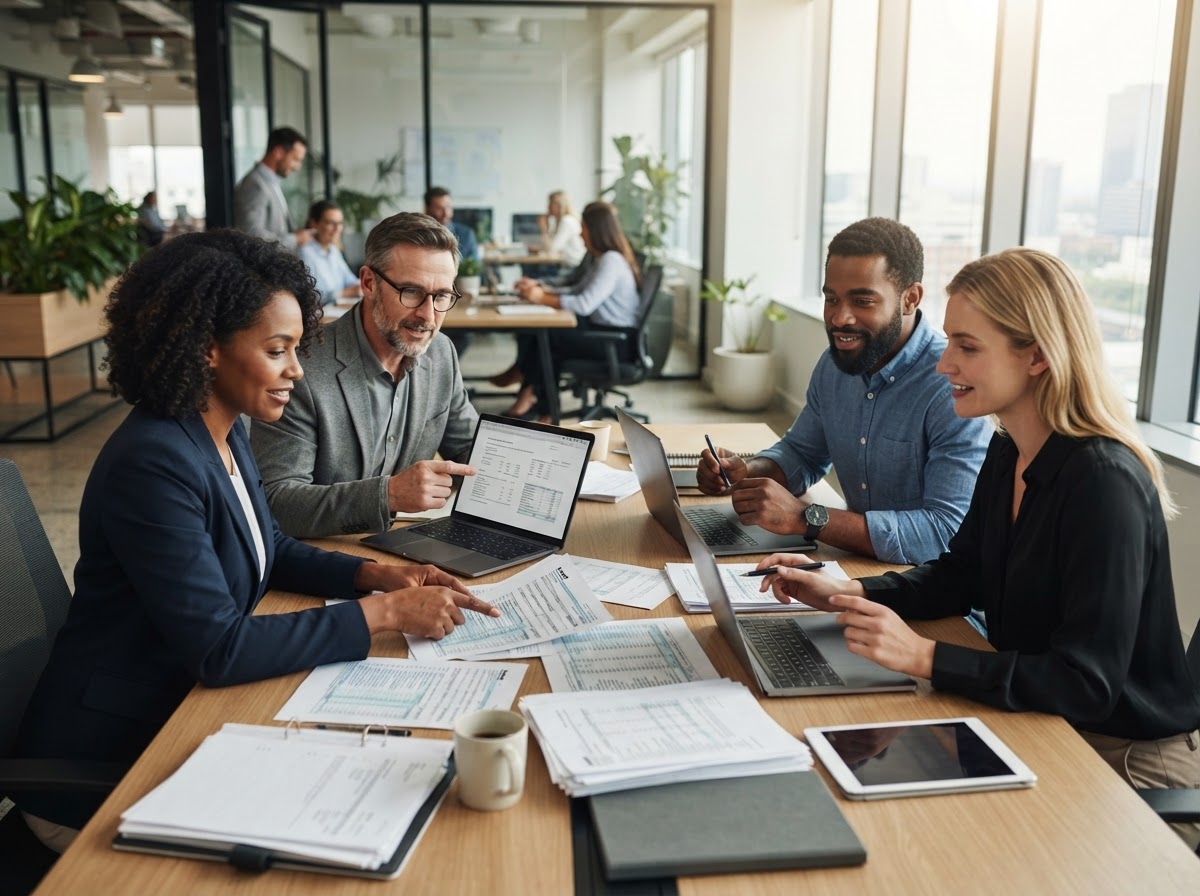 Diverse tax professionals collaborating in a modern office