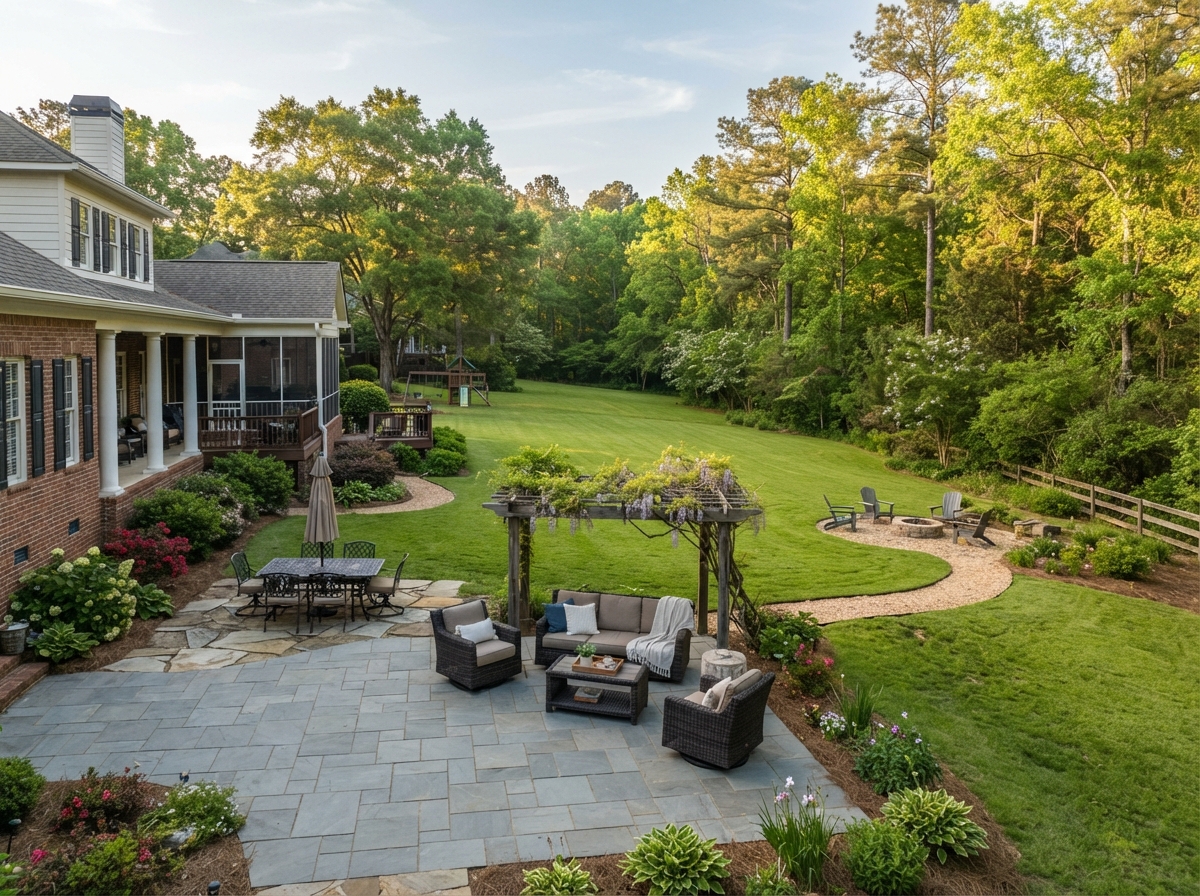 A large Alabama backyard with a patio and outdoor seating area near Ramer