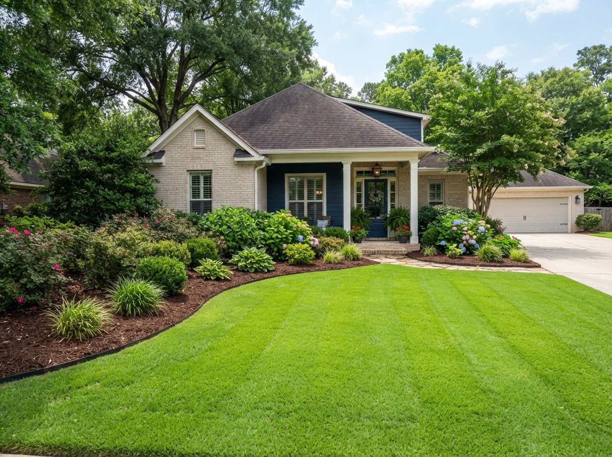 A well-maintained, weed-free lawn and landscape bed at a Central Alabama home
