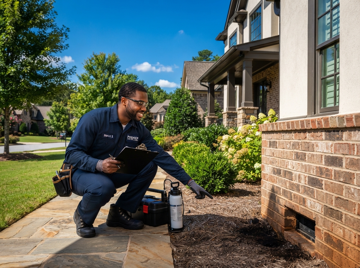 Pest control technician inspecting the exterior of a home in Central Alabama
