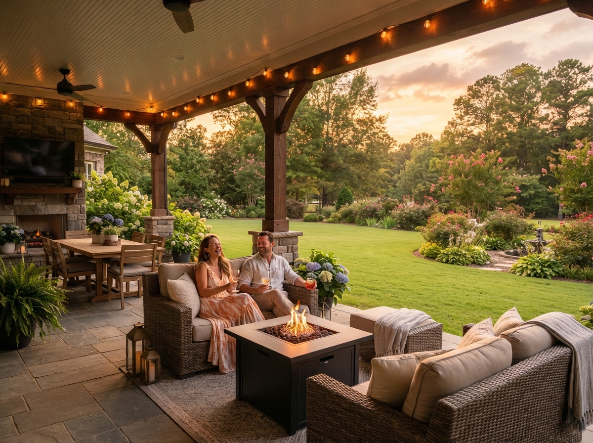 Couple relaxing on a backyard patio in Central Alabama enjoying a mosquito-free outdoor evening