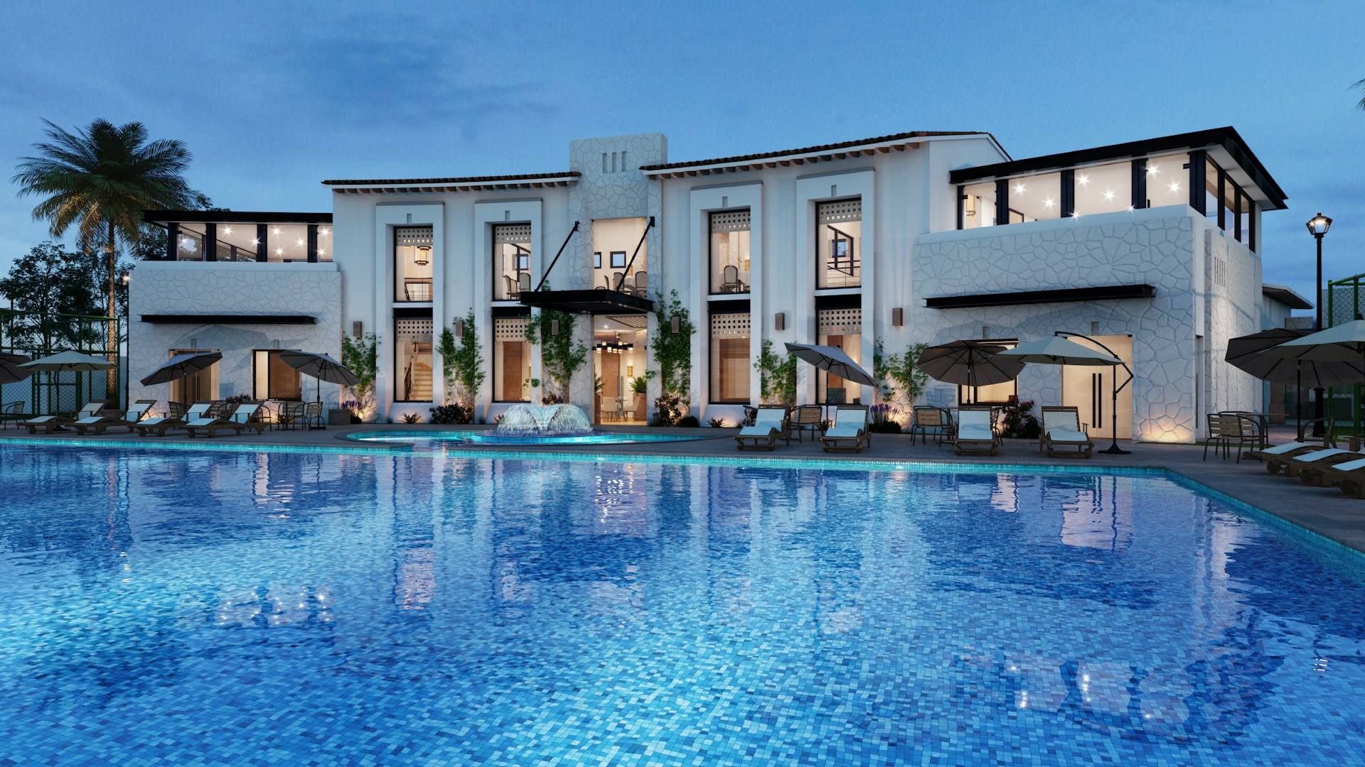 Luxury Texas Hill Country outdoor pool with limestone and live oak trees