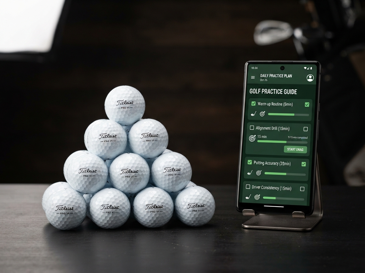 Pyramid of golf balls with practice guide on mobile phone