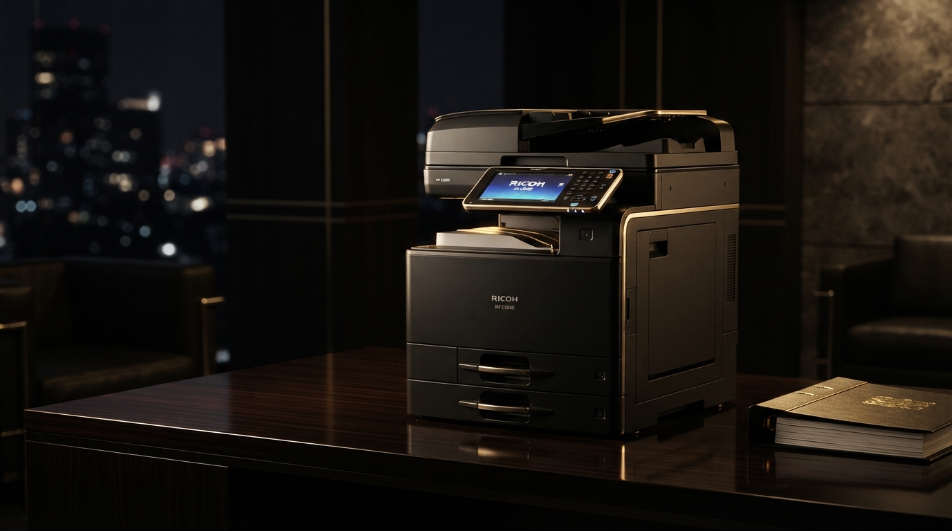 Ricoh office IT equipment in a dramatic dark studio setting