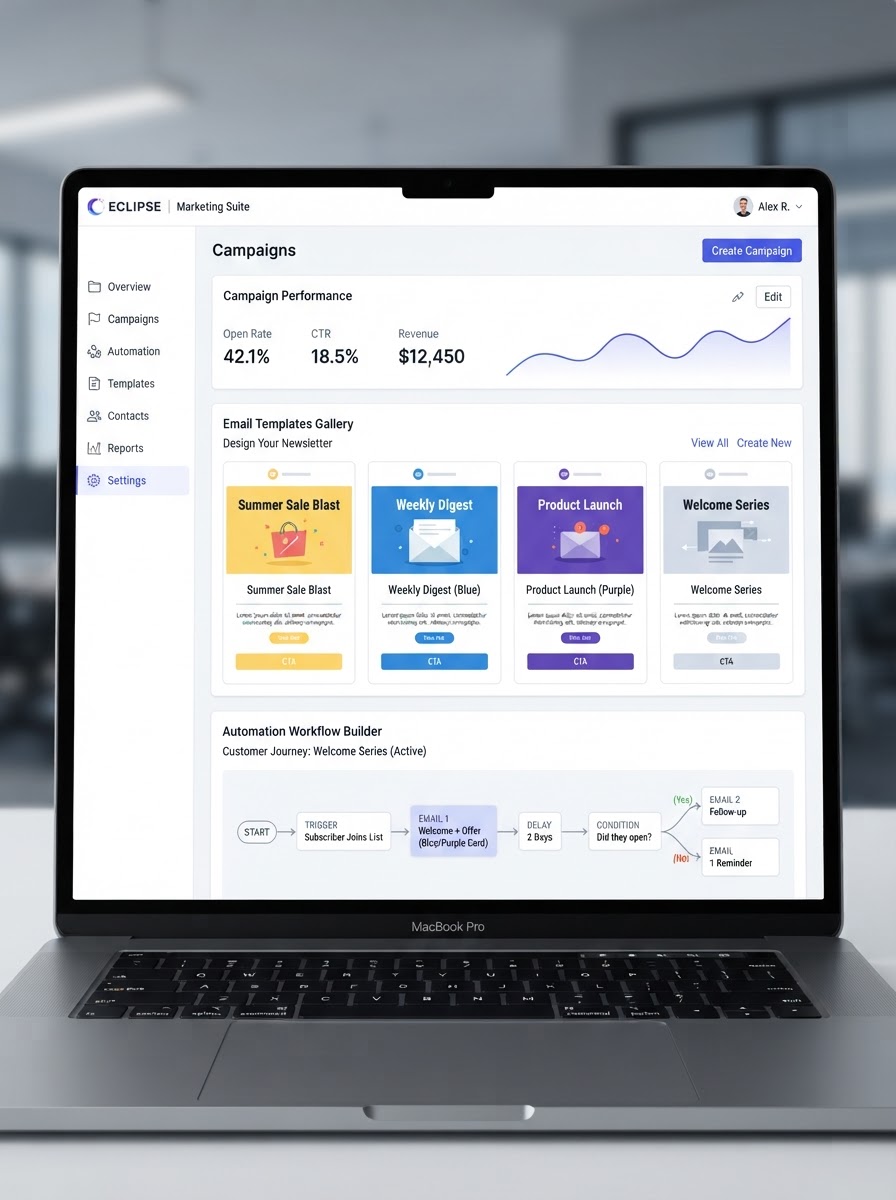 Email automation campaign interface with newsletter templates
