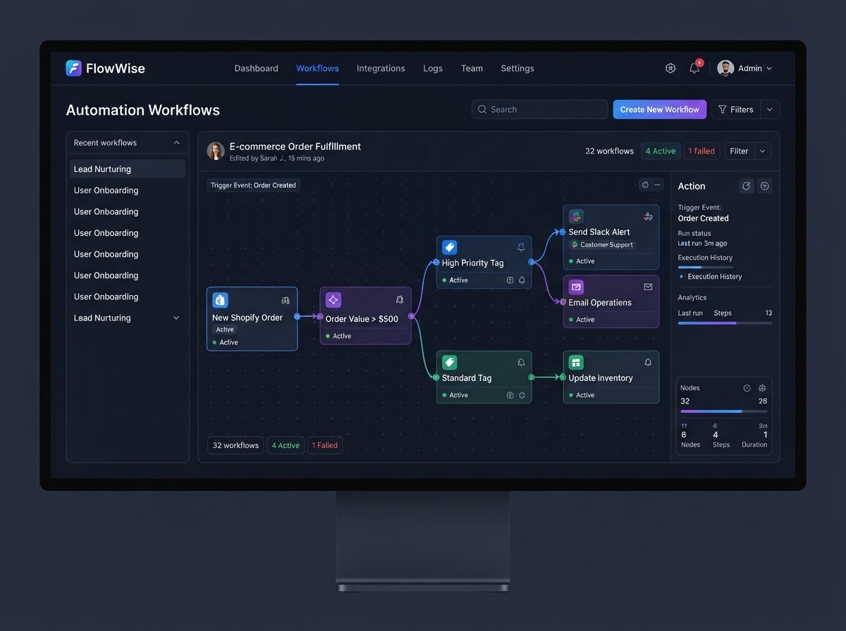 Automation system mockup with workflow display