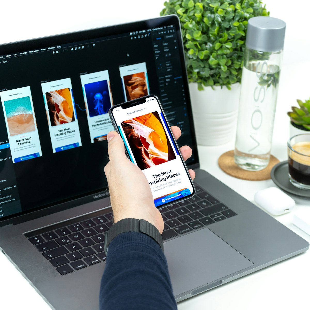 UI UX design workspace with wireframes and design tools