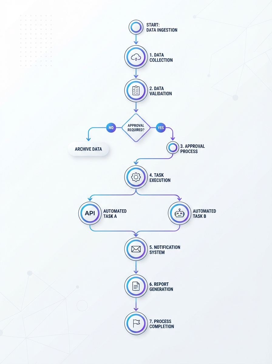 AI workflow automation system with connected nodes and process flows