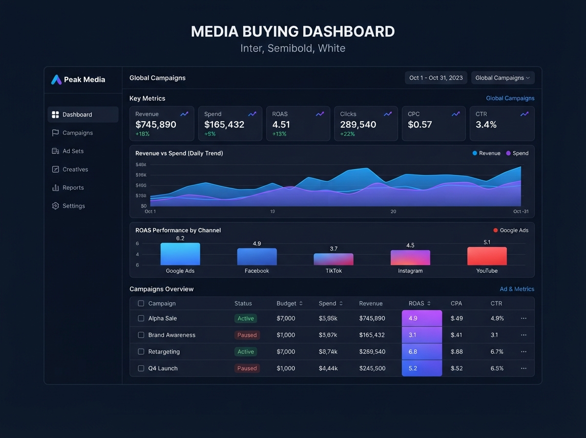 Media buying dashboard with ad campaign performance and ROAS metrics