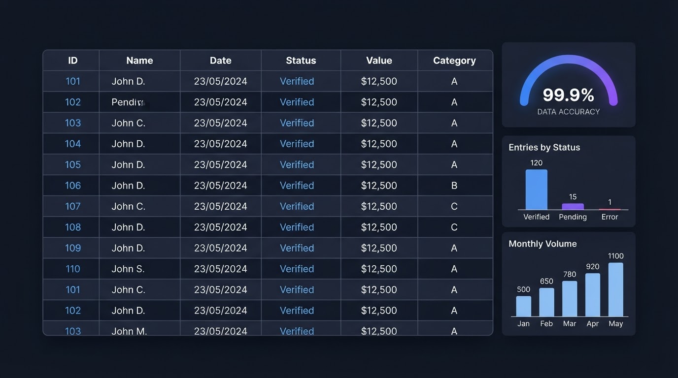 Data entry dashboard with organized spreadsheets and analytics