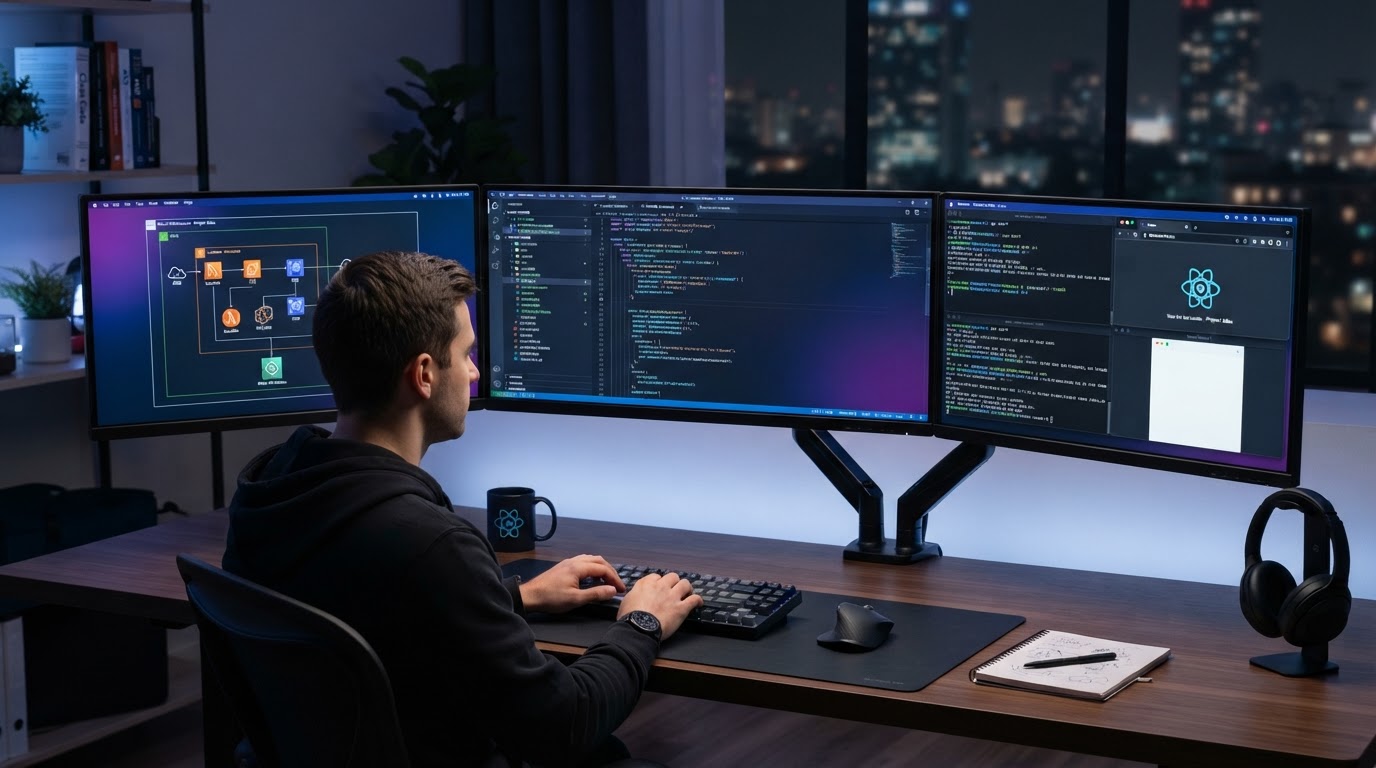 Full-stack developer workspace with code editors and cloud architecture diagrams