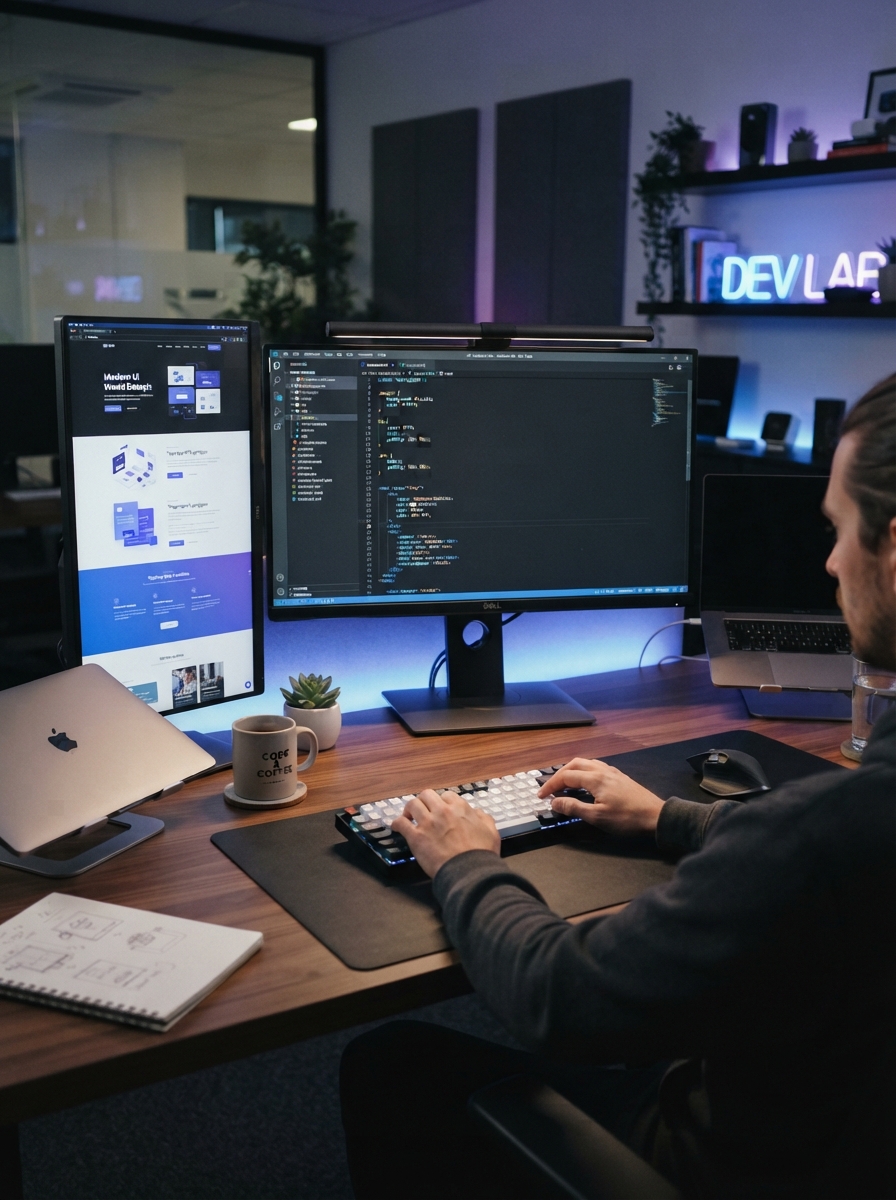 Website development workspace with code editor and design tools
