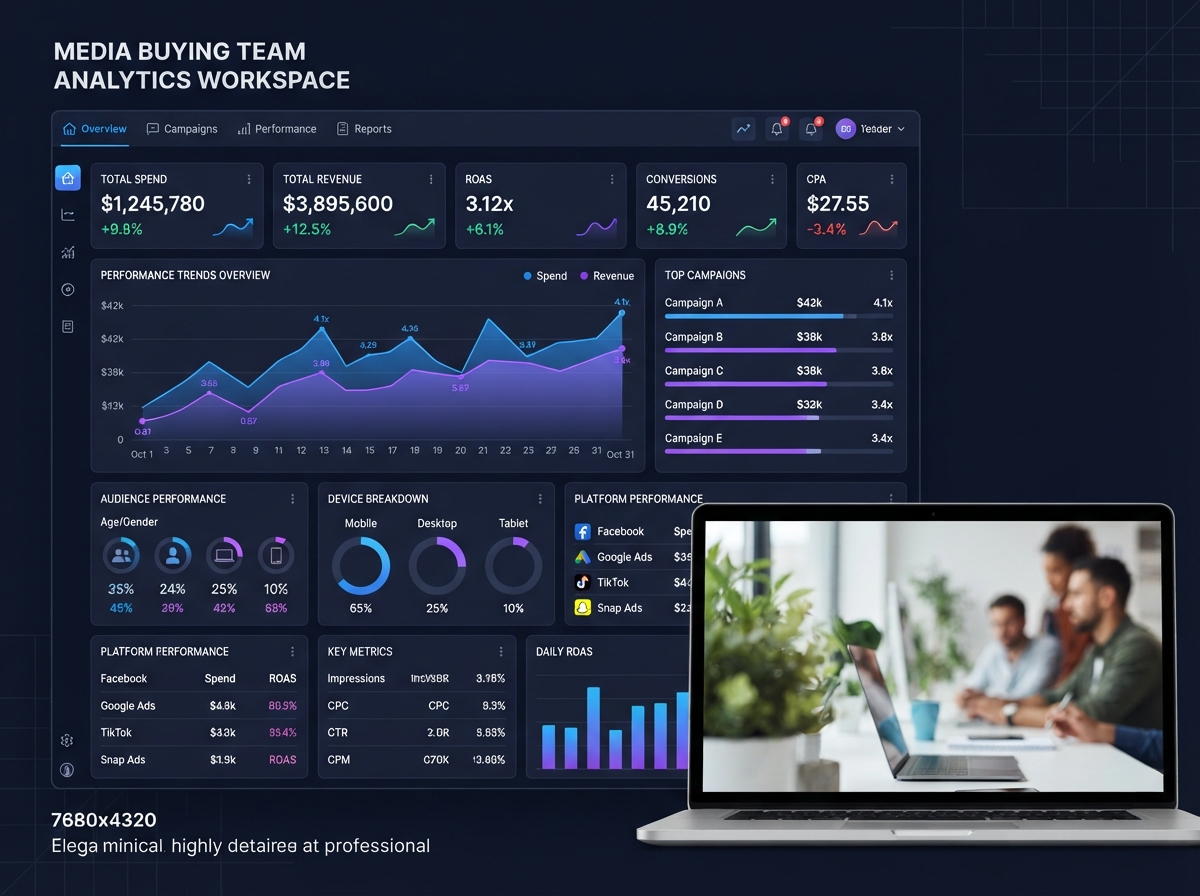 Media buying team analyzing ad campaign performance and ROI