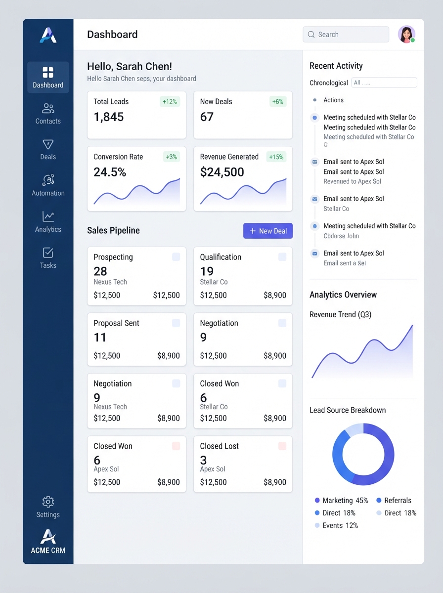 CRM automation dashboard with customer relationship management interface