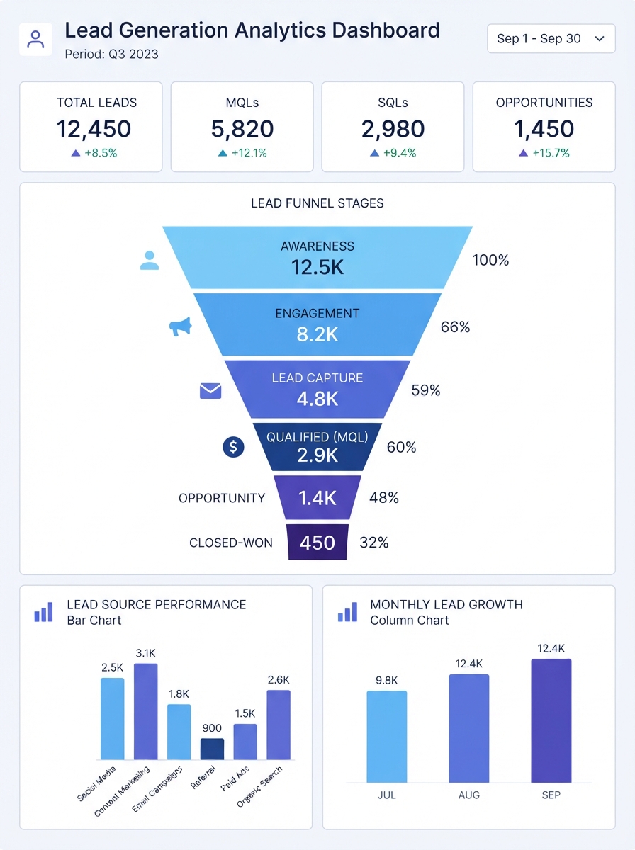 Lead generation funnel with analytics charts and conversion metrics